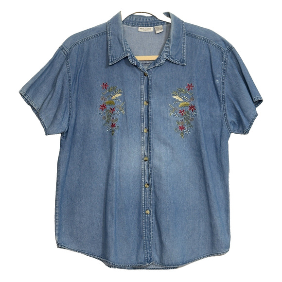 VTG Denim Shirt Floral Embroidered Chambray Button Up S/S Womens 22W Cottagecore - Picture 1 of 9